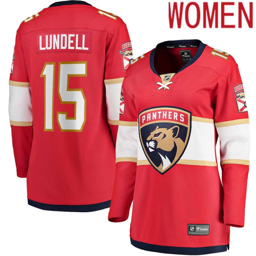 Women Florida Panthers #15 Anton Lundell Fanatics Branded Red Home Breakaway Player NHL Jersey